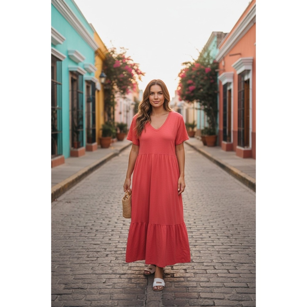 Tiered Midi Dress‎ Women 2XL Coral Pink V-Neck Short Sleeve Cottagecore Summer